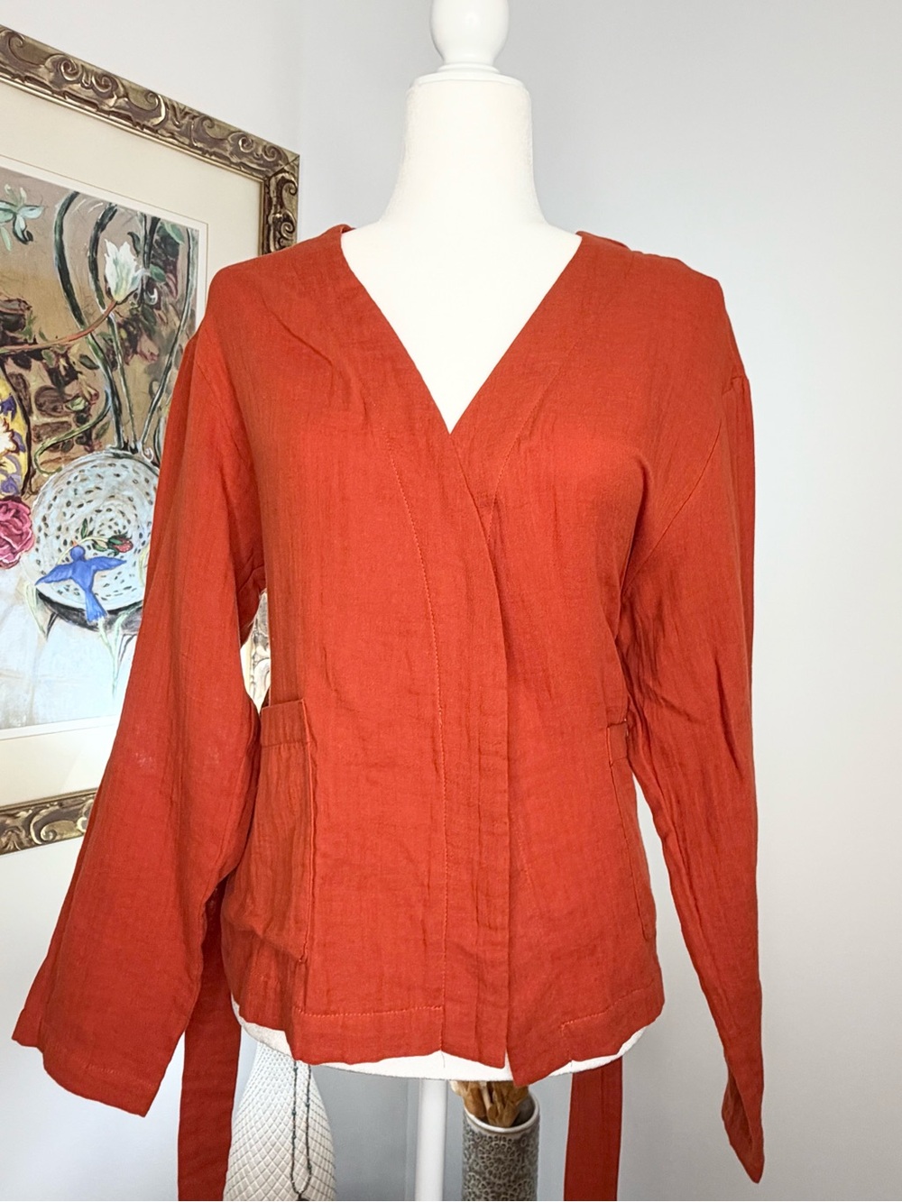 Color Block NWT Large Rust Orange Cotton Wrap Jacket Belted Boho Cardigan